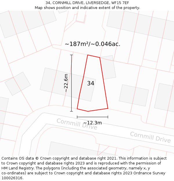 34, CORNMILL DRIVE, LIVERSEDGE, WF15 7EF: Plot and title map
