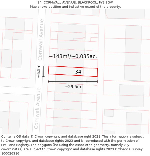34, CORNWALL AVENUE, BLACKPOOL, FY2 9QW: Plot and title map