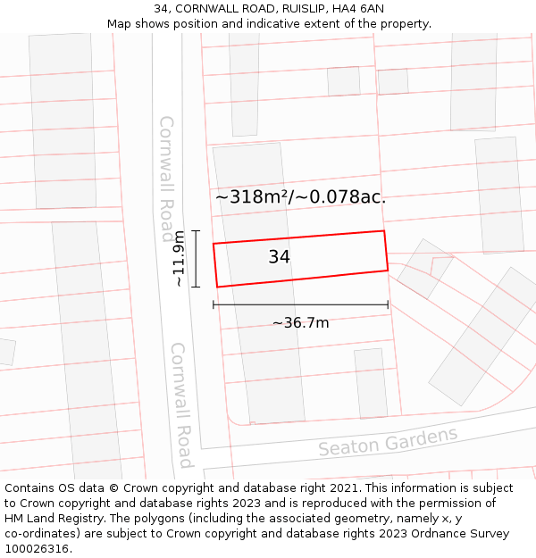 34, CORNWALL ROAD, RUISLIP, HA4 6AN: Plot and title map