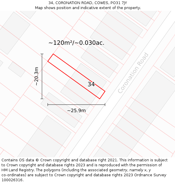 34, CORONATION ROAD, COWES, PO31 7JY: Plot and title map