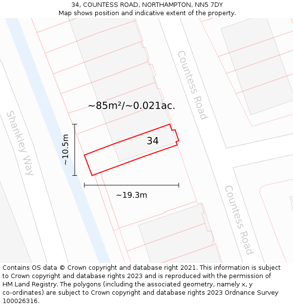 34, COUNTESS ROAD, NORTHAMPTON, NN5 7DY: Plot and title map