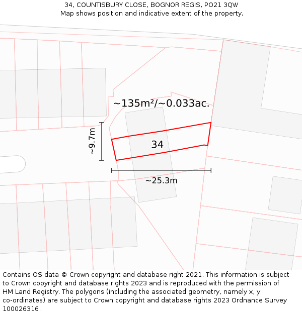 34, COUNTISBURY CLOSE, BOGNOR REGIS, PO21 3QW: Plot and title map