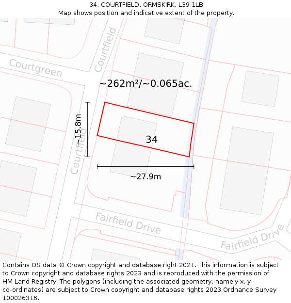 34, COURTFIELD, ORMSKIRK, L39 1LB: Plot and title map