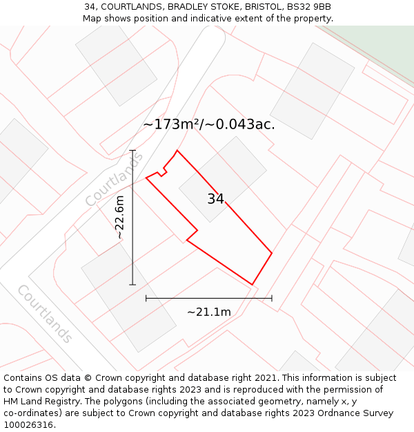 34, COURTLANDS, BRADLEY STOKE, BRISTOL, BS32 9BB: Plot and title map