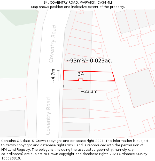 34, COVENTRY ROAD, WARWICK, CV34 4LJ: Plot and title map