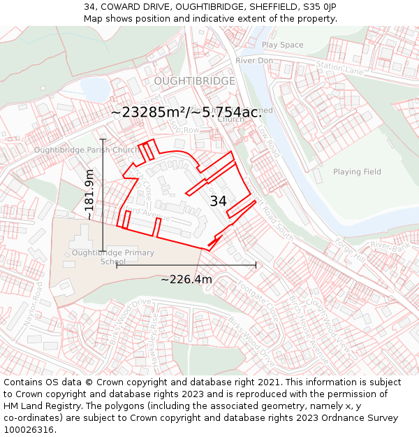 34, COWARD DRIVE, OUGHTIBRIDGE, SHEFFIELD, S35 0JP: Plot and title map