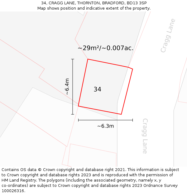 34, CRAGG LANE, THORNTON, BRADFORD, BD13 3SP: Plot and title map