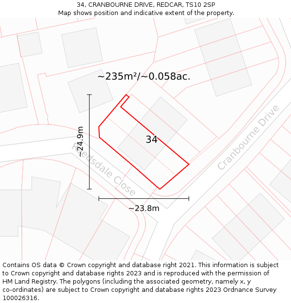 34, CRANBOURNE DRIVE, REDCAR, TS10 2SP: Plot and title map