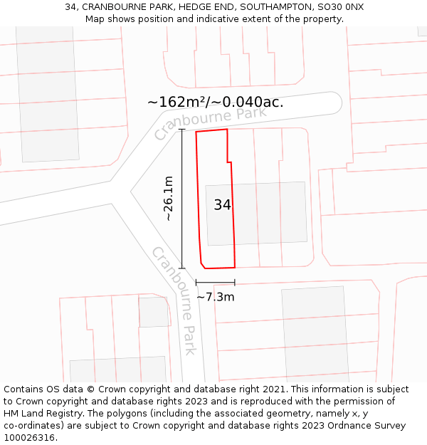 34, CRANBOURNE PARK, HEDGE END, SOUTHAMPTON, SO30 0NX: Plot and title map