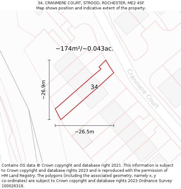 34, CRANMERE COURT, STROOD, ROCHESTER, ME2 4SF: Plot and title map