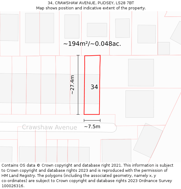 34, CRAWSHAW AVENUE, PUDSEY, LS28 7BT: Plot and title map