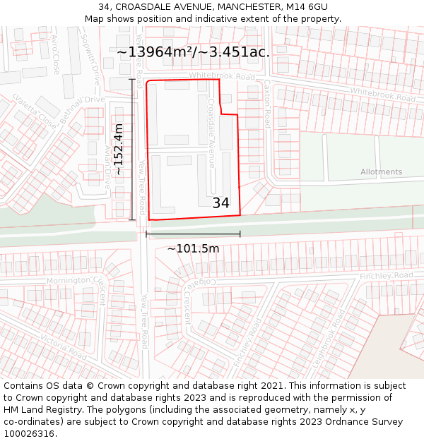 34, CROASDALE AVENUE, MANCHESTER, M14 6GU: Plot and title map