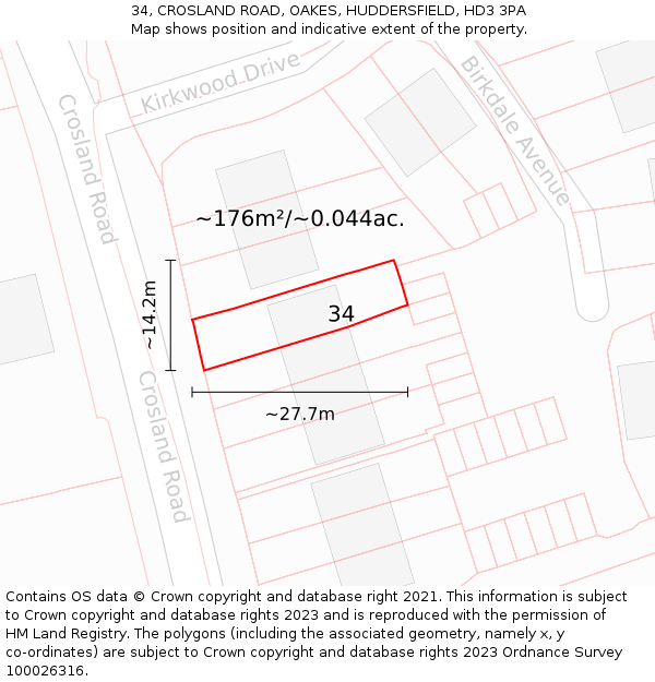 34, CROSLAND ROAD, OAKES, HUDDERSFIELD, HD3 3PA: Plot and title map
