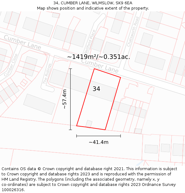 34, CUMBER LANE, WILMSLOW, SK9 6EA: Plot and title map