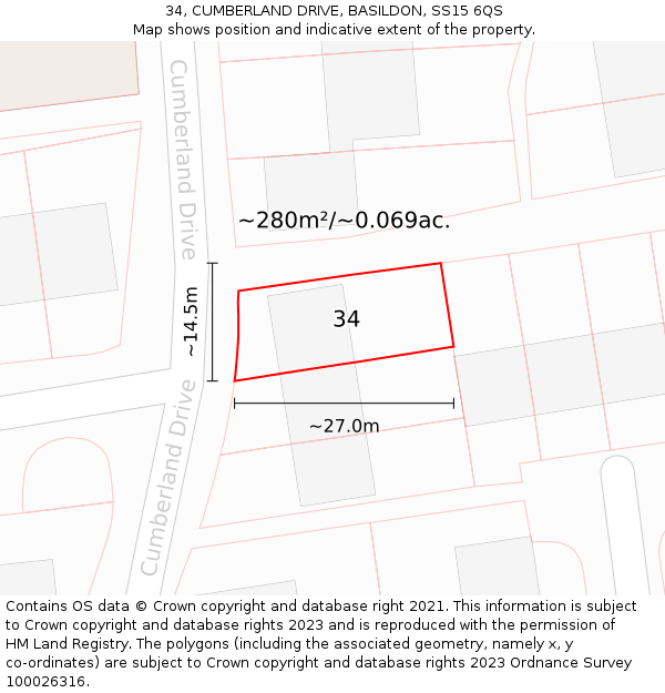 34, CUMBERLAND DRIVE, BASILDON, SS15 6QS: Plot and title map