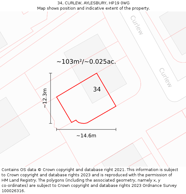 34, CURLEW, AYLESBURY, HP19 0WG: Plot and title map