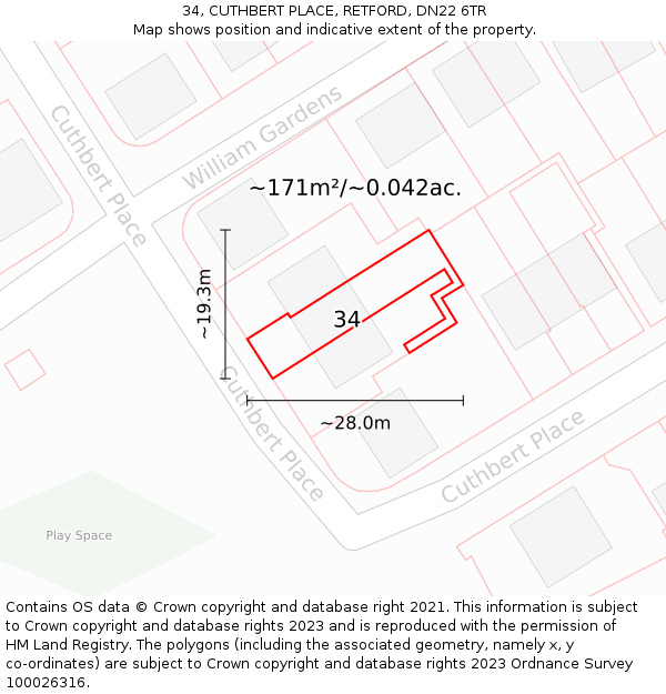 34, CUTHBERT PLACE, RETFORD, DN22 6TR: Plot and title map