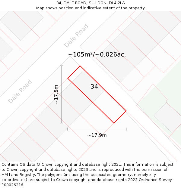 34, DALE ROAD, SHILDON, DL4 2LA: Plot and title map