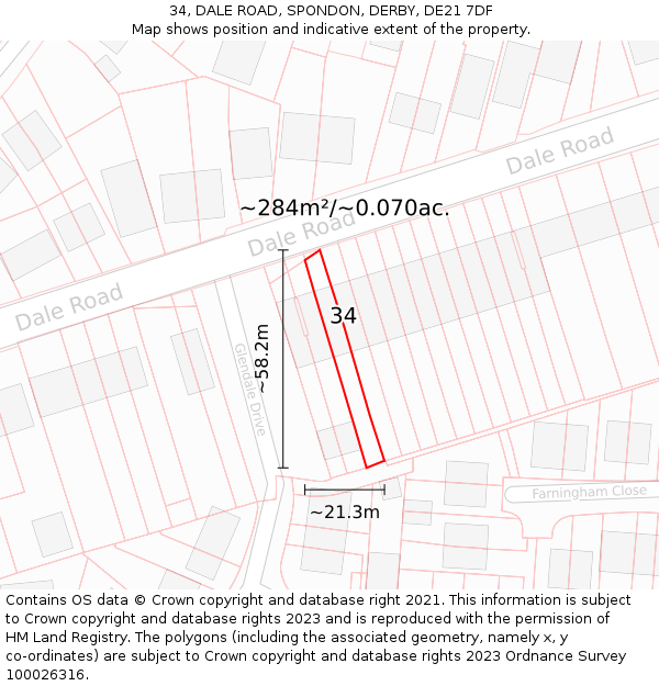 34, DALE ROAD, SPONDON, DERBY, DE21 7DF: Plot and title map