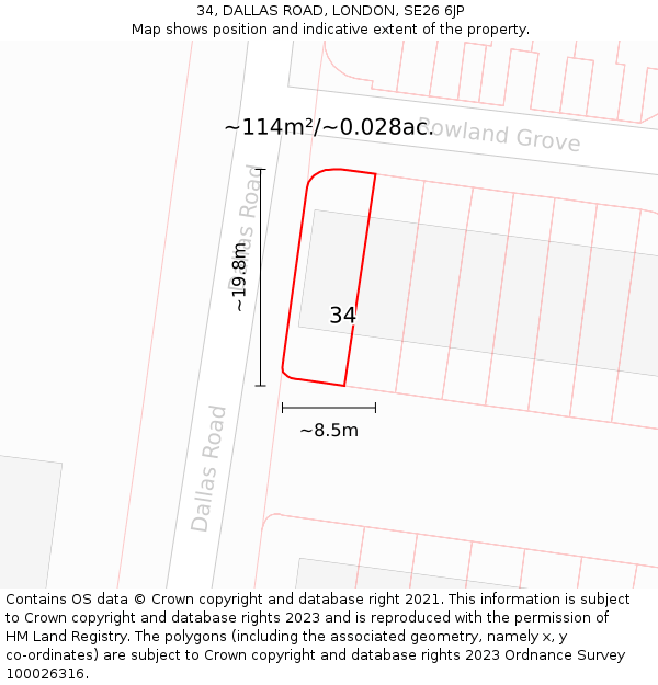 34, DALLAS ROAD, LONDON, SE26 6JP: Plot and title map