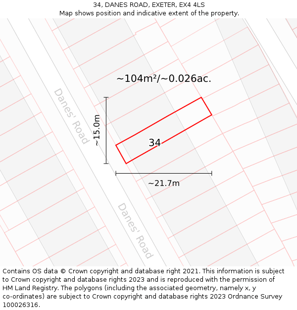 34, DANES ROAD, EXETER, EX4 4LS: Plot and title map