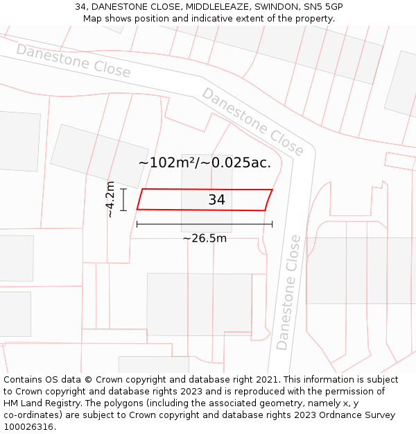 34, DANESTONE CLOSE, MIDDLELEAZE, SWINDON, SN5 5GP: Plot and title map