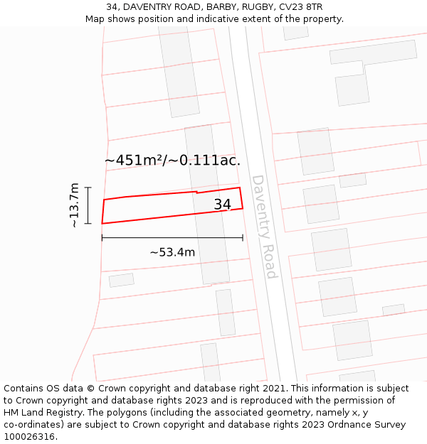 34, DAVENTRY ROAD, BARBY, RUGBY, CV23 8TR: Plot and title map