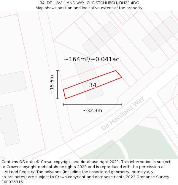 34, DE HAVILLAND WAY, CHRISTCHURCH, BH23 4DG: Plot and title map