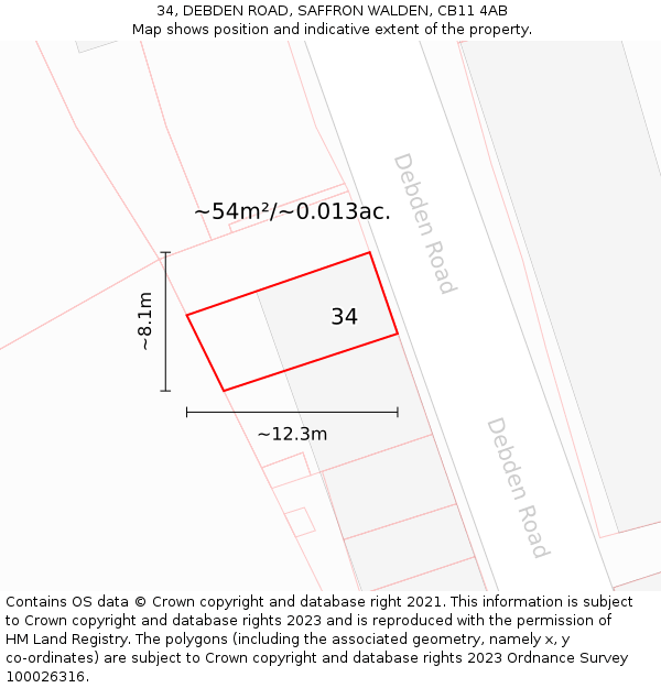 34, DEBDEN ROAD, SAFFRON WALDEN, CB11 4AB: Plot and title map