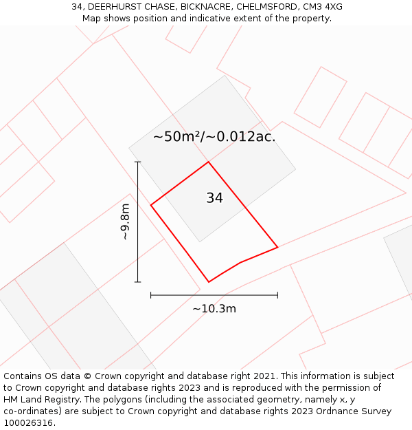 34, DEERHURST CHASE, BICKNACRE, CHELMSFORD, CM3 4XG: Plot and title map