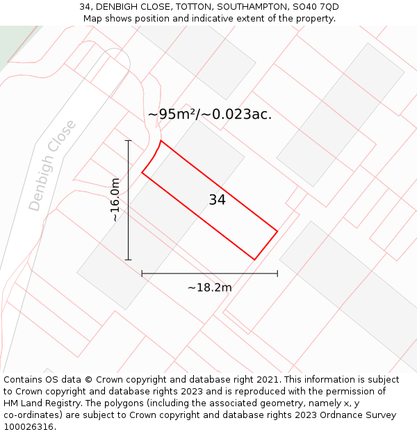 34, DENBIGH CLOSE, TOTTON, SOUTHAMPTON, SO40 7QD: Plot and title map