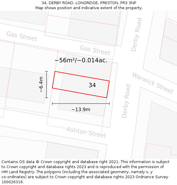 34, DERBY ROAD, LONGRIDGE, PRESTON, PR3 3NP: Plot and title map