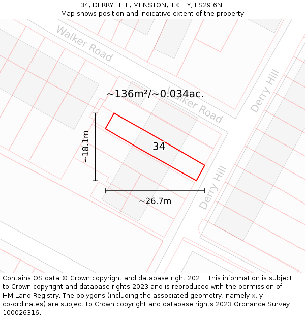 34, DERRY HILL, MENSTON, ILKLEY, LS29 6NF: Plot and title map