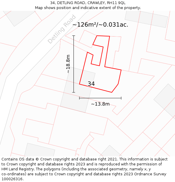 34, DETLING ROAD, CRAWLEY, RH11 9QL: Plot and title map