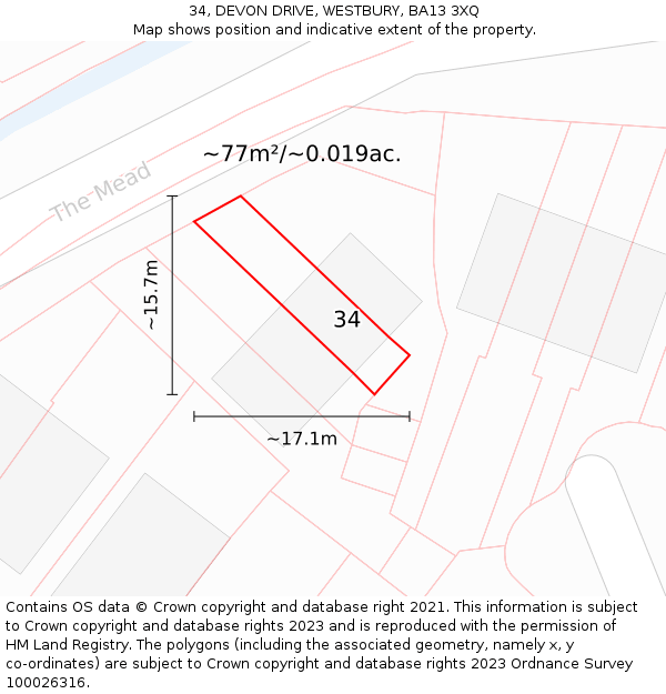 34, DEVON DRIVE, WESTBURY, BA13 3XQ: Plot and title map