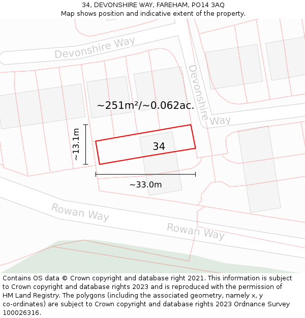 34, DEVONSHIRE WAY, FAREHAM, PO14 3AQ: Plot and title map