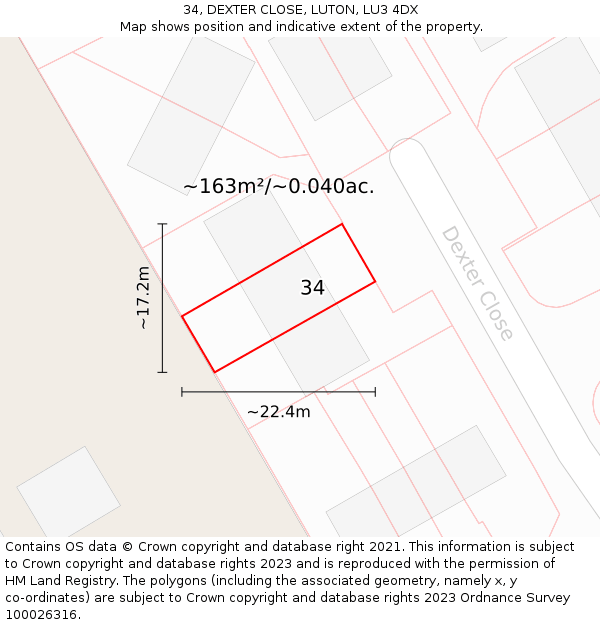 34, DEXTER CLOSE, LUTON, LU3 4DX: Plot and title map