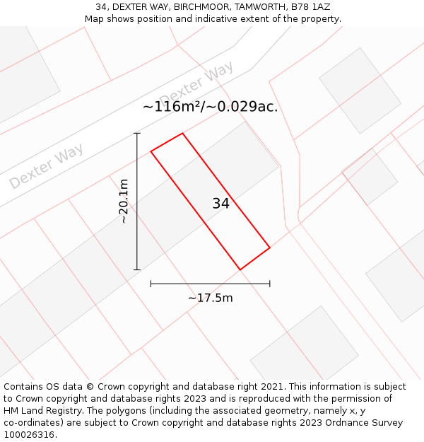34, DEXTER WAY, BIRCHMOOR, TAMWORTH, B78 1AZ: Plot and title map