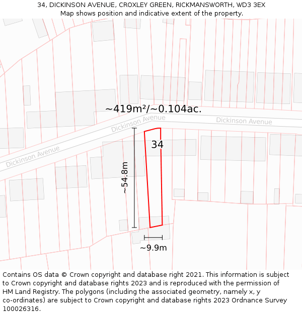34, DICKINSON AVENUE, CROXLEY GREEN, RICKMANSWORTH, WD3 3EX: Plot and title map