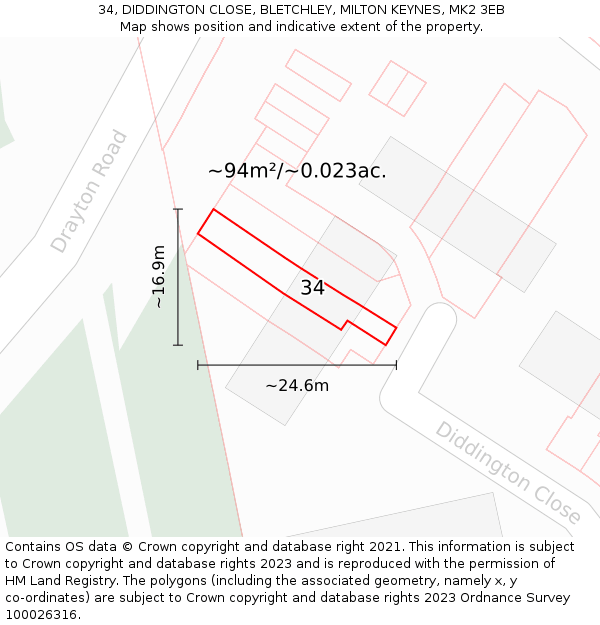 34, DIDDINGTON CLOSE, BLETCHLEY, MILTON KEYNES, MK2 3EB: Plot and title map