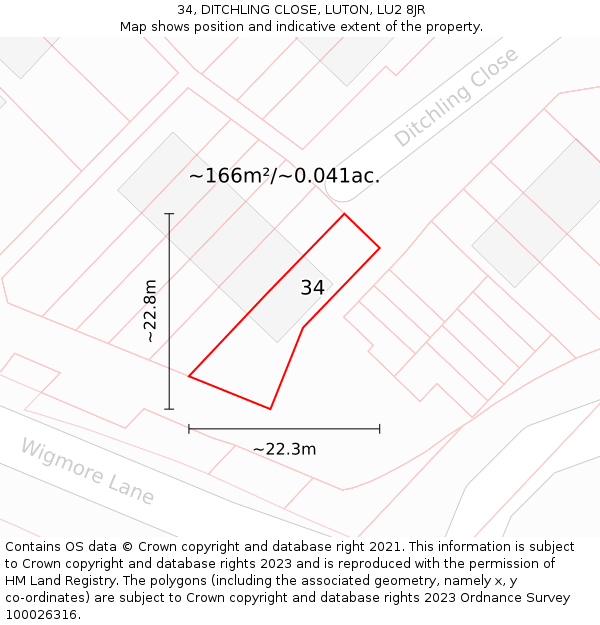 34, DITCHLING CLOSE, LUTON, LU2 8JR: Plot and title map