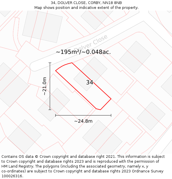 34, DOLVER CLOSE, CORBY, NN18 8NB: Plot and title map