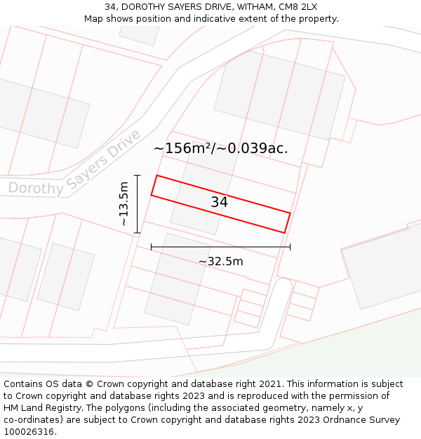 34, DOROTHY SAYERS DRIVE, WITHAM, CM8 2LX: Plot and title map