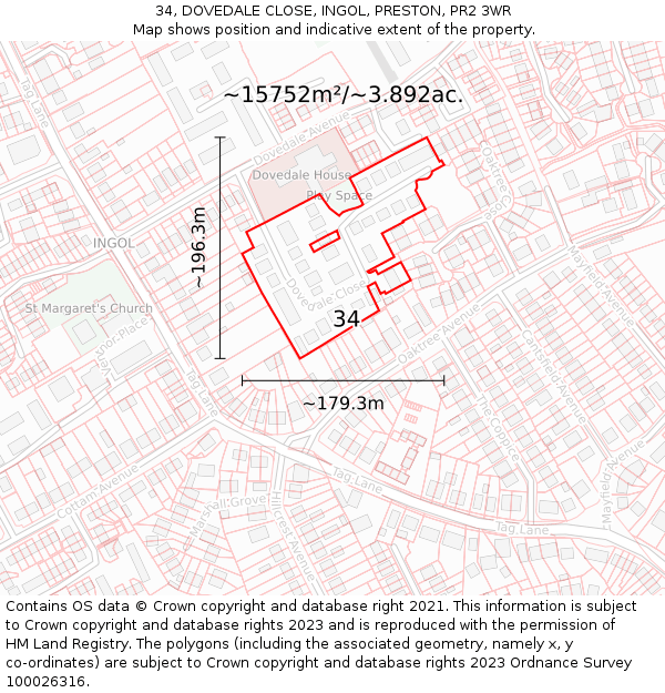 34, DOVEDALE CLOSE, INGOL, PRESTON, PR2 3WR: Plot and title map
