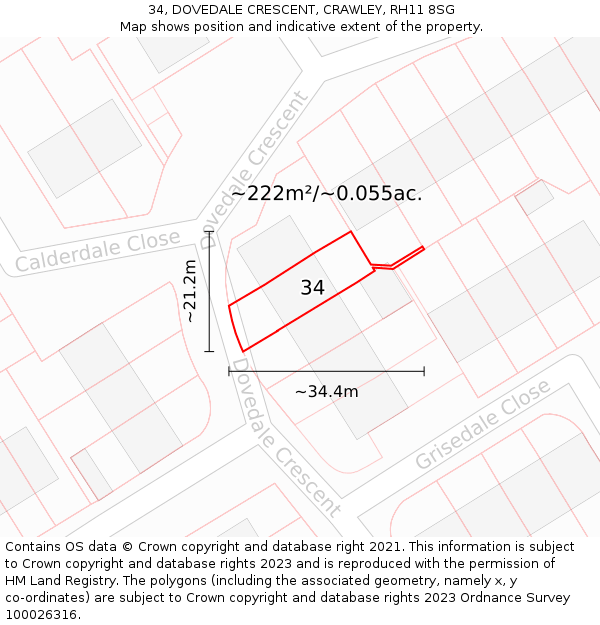 34, DOVEDALE CRESCENT, CRAWLEY, RH11 8SG: Plot and title map