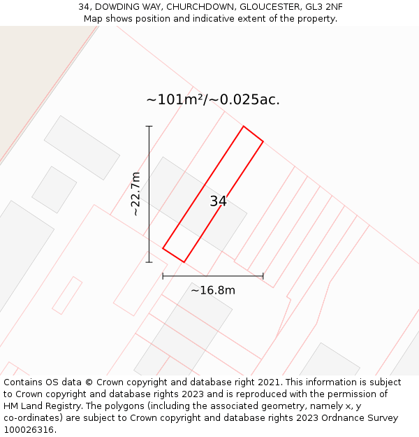 34, DOWDING WAY, CHURCHDOWN, GLOUCESTER, GL3 2NF: Plot and title map