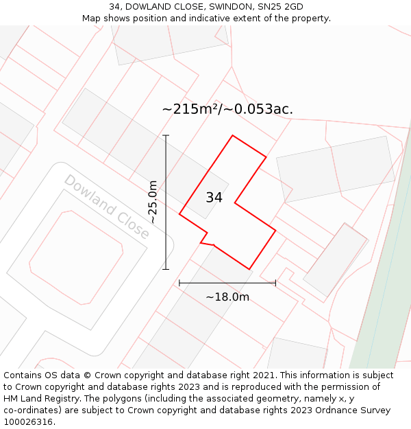 34, DOWLAND CLOSE, SWINDON, SN25 2GD: Plot and title map