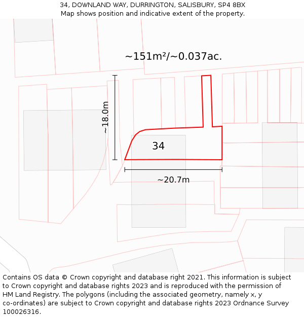 34, DOWNLAND WAY, DURRINGTON, SALISBURY, SP4 8BX: Plot and title map