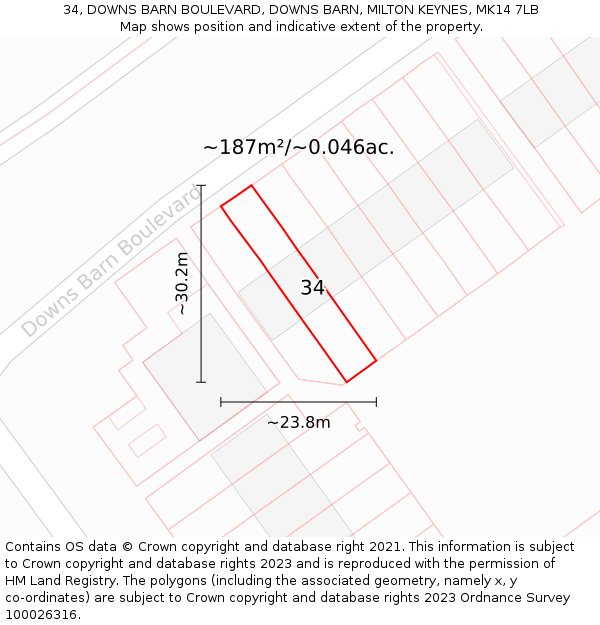 34, DOWNS BARN BOULEVARD, DOWNS BARN, MILTON KEYNES, MK14 7LB: Plot and title map