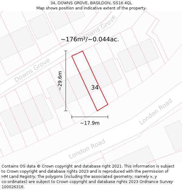 34, DOWNS GROVE, BASILDON, SS16 4QL: Plot and title map